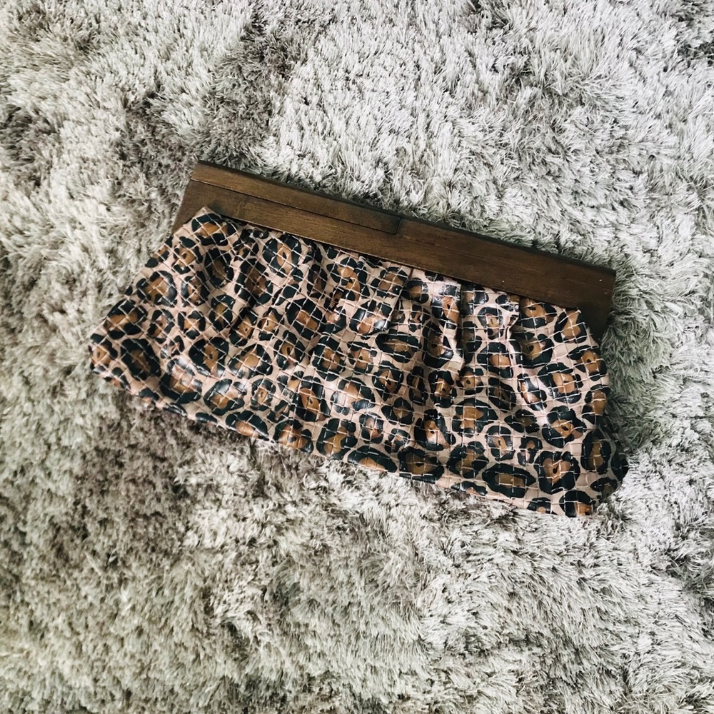 Chinese Laundry cheetah print wood clutch